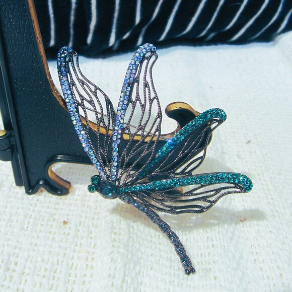 VTG 70'S LARGE DRAGONFLY BROOCH, BLACK METAL W/RHINESTONES - Picture 1 of 4